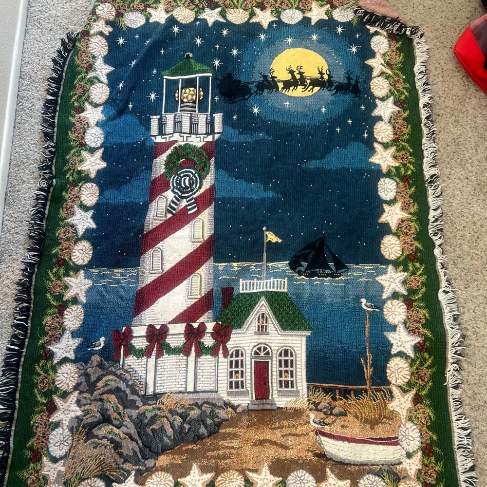 VNTG Santa Reindeer Christmas Light House Tapestry Blanket Country Southwestern‎ - Picture 5 of 10